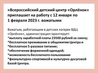 «Всероссийский детский центр «Орленок» с 12 января по 1 февраля 2023 г. приглашает на работу вожатым «Всероссийский детский центр «Орленок» с 12 января по 1 февраля 2023 г. приглашает на работу вожатым